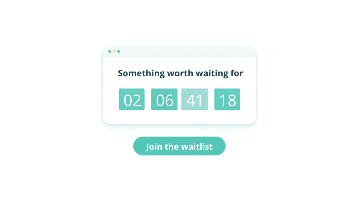 A locked pre-launch page showing teaser copy, a countdown and a waitlist button
